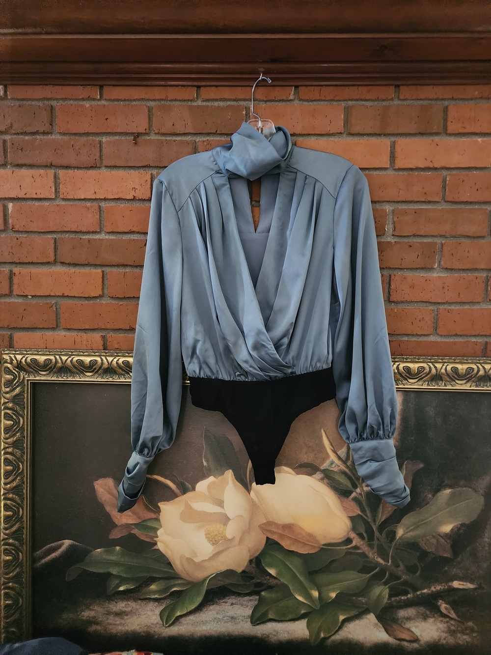 Satin Slate Blue Long-Sleeve Wrap Mock-Neck Bodysuit